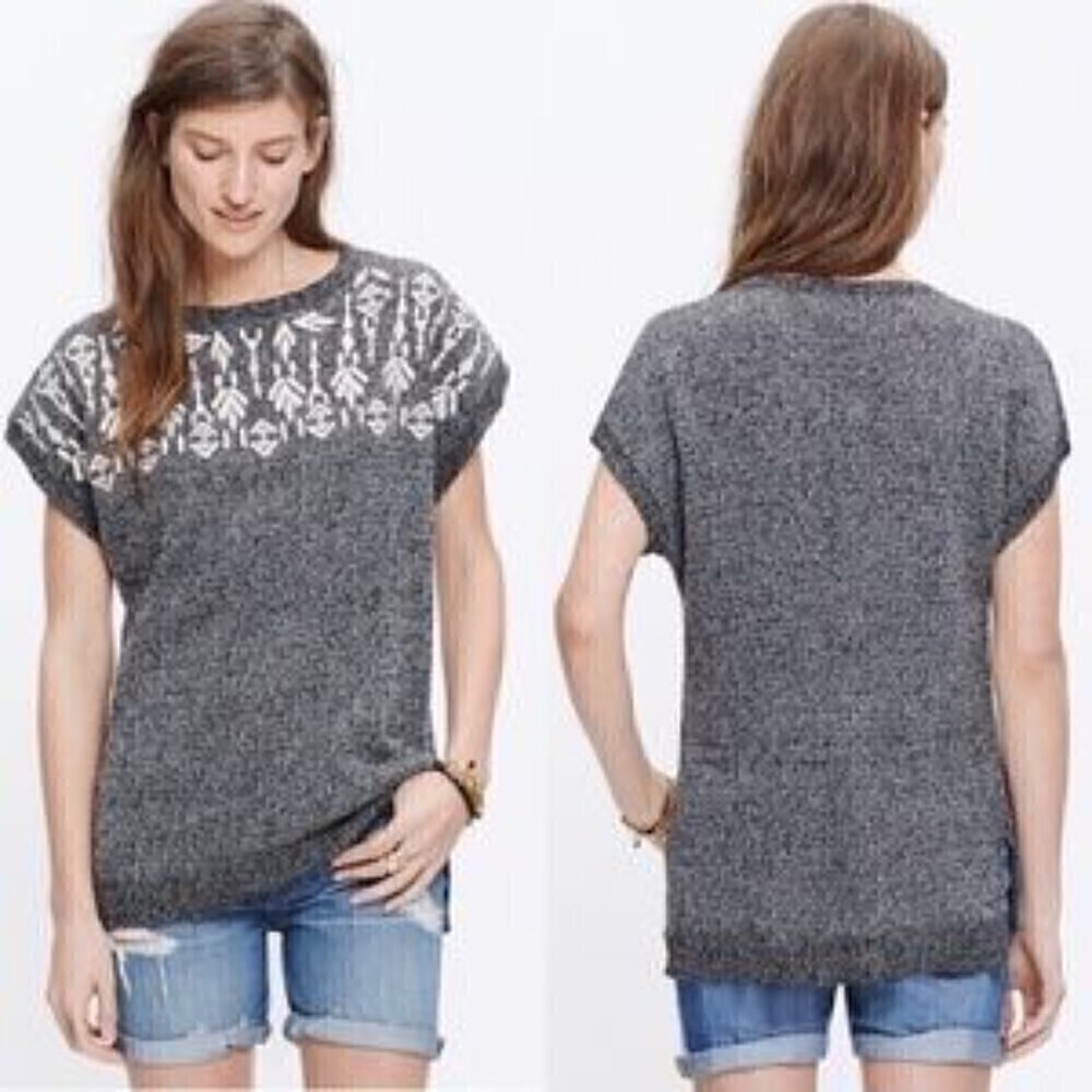 Madewell Boho Grey w/White Embroidery Cotton/Linen Short Sleeve Sweater size XS